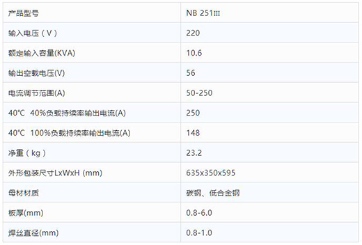 hg8868皇冠国际NB 251III焊机技术参数