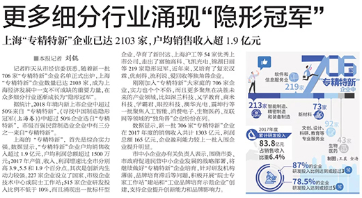 权威官媒《解放日报》点赞上海hg8868皇冠国际：优秀上市公司   ，上海“专精特新”标杆型企业